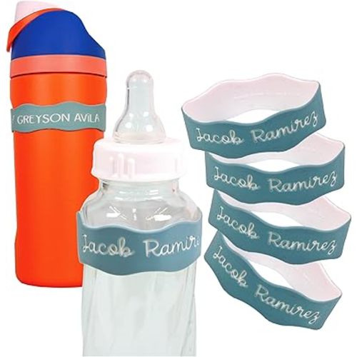 InchBug Orbit Labels Baby Bottle and Water Bottle Silicone Name Bands – Personalized Reusable Label Set for Daycare, Sippy Cups, Preschool, Elementary School, Dishwasher Safe, 4-Pack (Sea Glass)