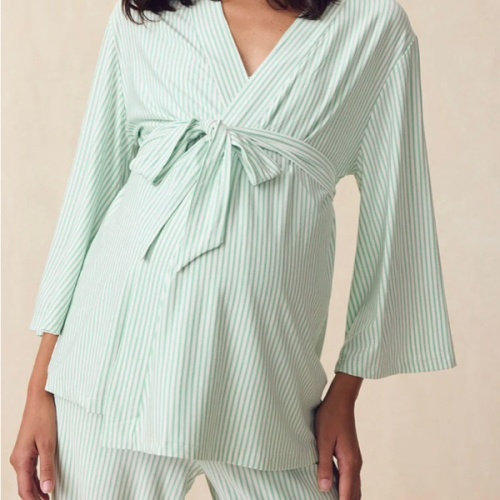 LAKE | Women | DreamModal™ Pajamas | Parisian Green Pencil Stripe Maternity Kimono Bundle