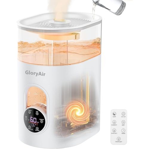 Humidifiers for Bedroom Large Room Home - GloryAir 6L Quiet Top Fill Cool & Warm Mist Humidifier with Smart Humidity Control, Remote Control, 7-Color Light, Humidistat, Oil Diffuser for Plants & Baby