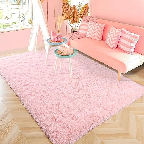 ISEAU Fluffy Rug Carpets Soft Shaggy Area Rugs Indoor Floor Mats for Kids Room Fuzzy Carpet Comfy Cute Nursery Mat Bedside Rug for Boys Girls Bedroom Living Room Home Decor Mat, 6ft x 9ft, Pink