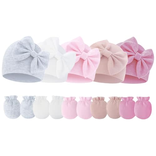 Newborn Baby Hats Mittens Sets Bow Infant Caps Gloves No Scratch Mitten Beanie Set for 0-6 Months Girls