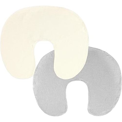 Hooyax Muslin Nursing Pillow Covers 2 Pack, Soft and Breathable Nursing Covers for Breastfeeding Pillows, Adorable Infant Feeding Pillow Slipcover for Baby Boy and Girls (Gray Creamy-White)