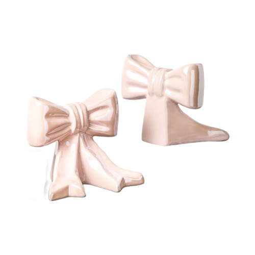 YaoZQ Decorative Ceramic Bow Bookends (1-Pair). Heavy-Duty Modern Book Ends For Shelves & Office Desk. Pink & White Book Shelf Holders. Non-Skid Support For Home Library & Kid's Room Decor
