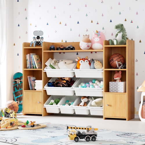 Homfa Kids Toy Organization Cubby Bookcase with 8 Bin, 2 Door Storage Organizer Bookshelf for Children Room Playroom, Natural