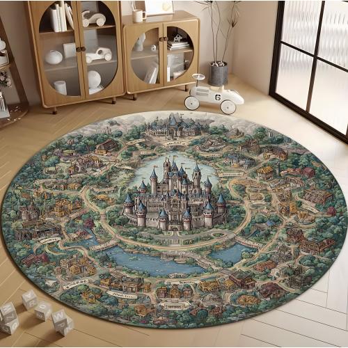 Fantasy Map Round Kids Rug Castle Playroom Nursery Floor Carpet