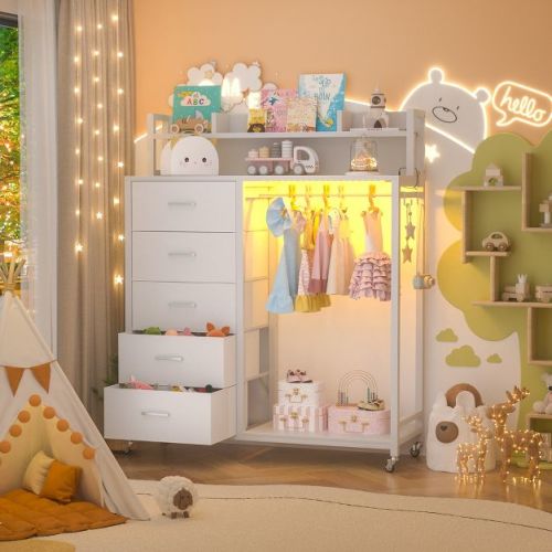 Dresser for Bedroom with Clothes Rack & Shelves, 5 Drawers Dresser with Charging Station