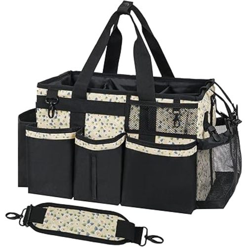 Wearable Cleaning Caddy, Cleaning Caddy Supplies Organizer with Handle & Shoulder Straps for Housekeepers, Under Sink & Car Cleaning Tool Organizers Bag with 4 Foldable Divider (YellowFlower)