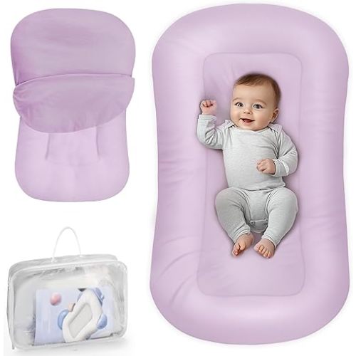 Infant Support Cushion - Baby Support Cushion for Newborn, 0-24 Months, Portable Tummy Time Mat for Home and Travel, Soft Cotton, Supervised Use, Baby Essentials Gift, Purple (Cover Included)