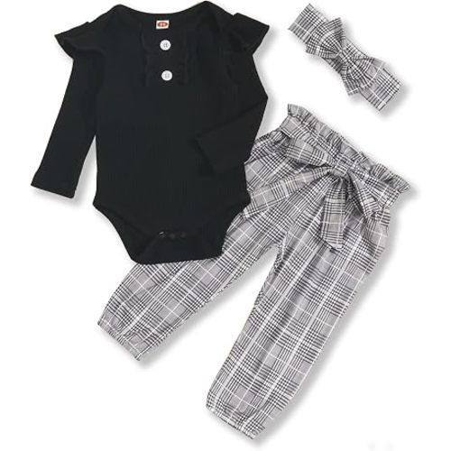 Newborn Baby Girls Clothes Ribbed Ruffled Romper+Floral Pants+Headband Infant Outfit Set