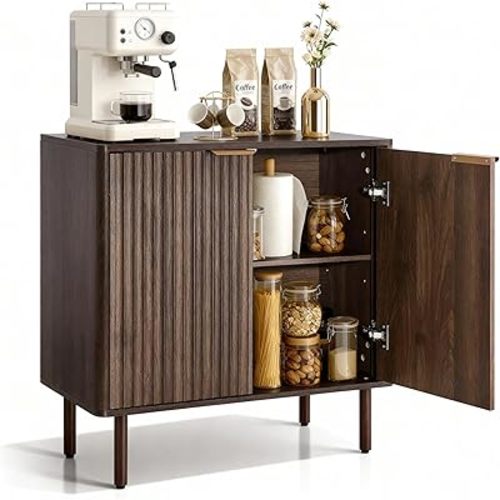 VEVOR Buffet Cabinet, Sideboard Cabinet with 2-Tier Storage, Coffee Bar Cabinet with Adjustable Shelves, Fluted Sideboard Buffet for Hallway, Entryway, Living Room, or Kitchen, Walnut