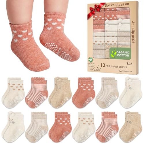 GOTS Organic Cotton Blend 12 infant socks with Grip 6-12M Boy Non Slip Gift