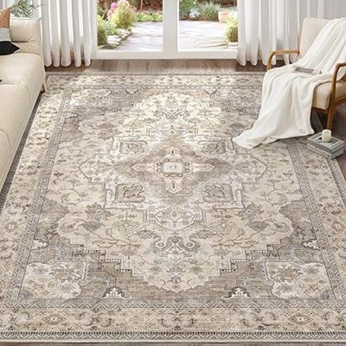 EIEIHOUSE Washable Area Rugs for Living Room - 7x9 Neutral Vintage Distressed Floral Farmhouse Boho Large Soft Floor Rug Indoor Non Slip Carpet for Living Room Bedroom Dining Room Office -Brown/Multi