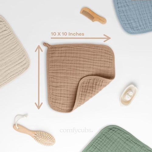 Comfy Cubs Muslin Baby Washcloths 10 Pack - Soft 6-Layer Cotton Wash Cloths for Sensitive Skin - 10"x10" Large, Gentle, Absorbent Infant Essentials for Newborn and Toddlers - Multicolor