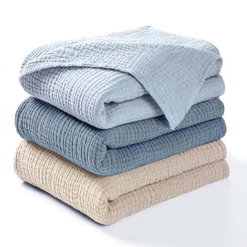 Dreamology Muslin Swaddle Blankets Boy,Girl,100% Cotton Swaddle Blankets,3 Pack,Receiving Blanket for Unisex, Soft, Breathable Swaddle Blanket,Large 44 x 44 inch Cotton Blanket | Blue,Light Blue,Ecru