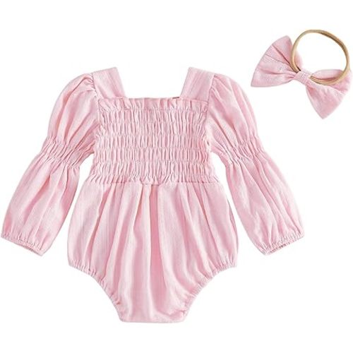 Kavousa Smocked Baby Girl Clothes Newborn Girl Bubble Romper Long Sleeve Jumpsuit And Headband Outfit Cute Infant Clothing