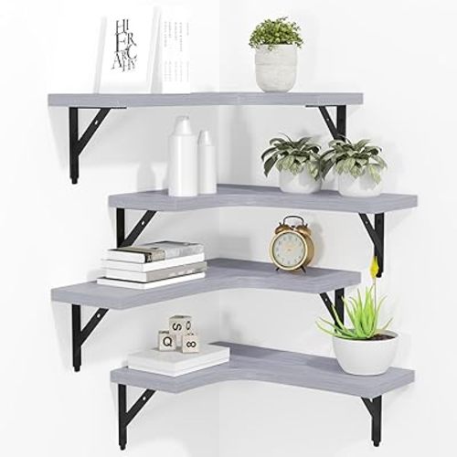 Corner Floating Shelves Wall Mounted Set of 4, Rustic Wood Storage Display Wall Shelves for Home Decor, Bathroom, Kitchen, Bedroom, Living Room, Office (Light Grey)
