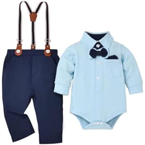 Baby Boy Clothes Gentleman Outfits Infant Bodysuit Long Sleeve Shirt with Bowtie Suspender Pants Suits Set 0-18M