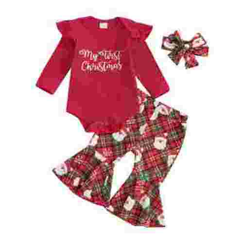 Qiylii Baby Toddler Girl Christmas Outfit, 0 3 6 12 18 Months Letter Print Ruffle Long Sleeve Romper Santa Claus Plaid Flare Pants Headband 3 Piece Clothing Set