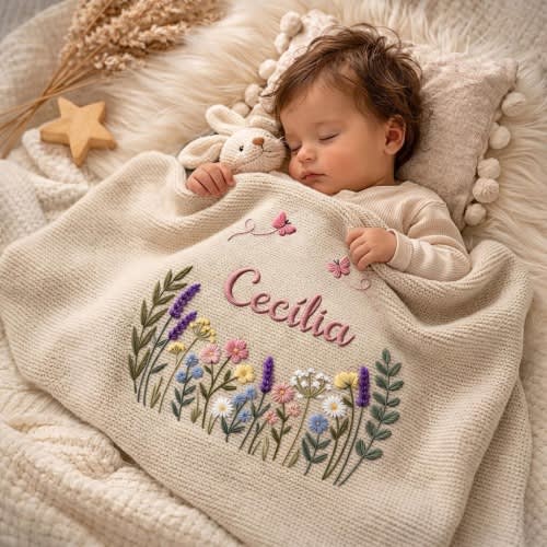 Personalized Wildflower Embroidered Baby Blanket, Custom Name Knitted Throw, Welcome Baby Blanket, Nursery Keepsake, Newborn Gift For Baby