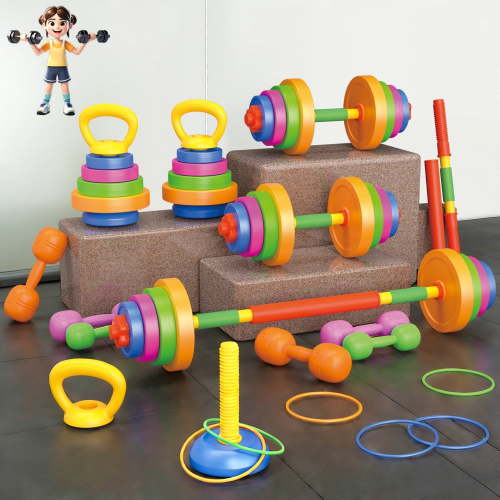 HopeRock 3-in-1 Kids Exercise Equipment Set - Toddler Weights Gym with Kettlebell, Barbell & Dumbbell, Water-Fillable Plastic Kids Weight Set for Home Gym