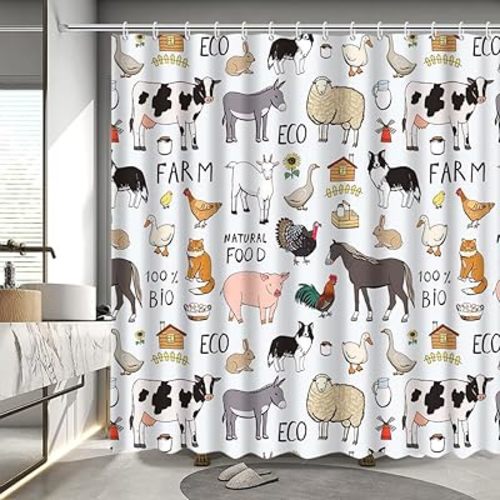MEHOFOND Farm Shower Curtain Cute Dog Cat Cow Shower Curtain for Bathroom Kids Funny Cartoon Animals Farm Home Bathtub Decor Fabric Waterproof Bath Curtain with 12 Hooks 72x72 Inch