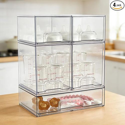 MINMUNJIU Baby Bottle Organizer, 5 Pack Clear Space-Saving Stackable Drawer with Handle, Baby Bottle Storage Organizer for Countertop and Cabinet