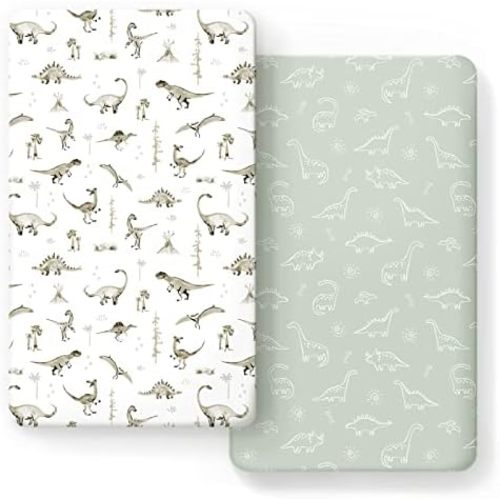Stretch Ultra Soft Jersey Knit Fitted Crib Sheets Set 2 Pack，Fit All Standard Crib Mattress Pads Safe and Snug, Crib Fitted Sheet for Baby, Dinosaur
