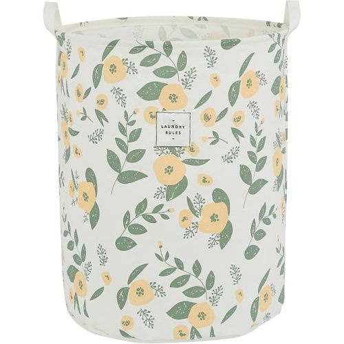 Large Foldable Laundry Basket Organizer Holder portable tall collapsible laundry hamper nusery Storage Basket Bin with Handles Closure (Waterproof Lining, Floral Green Orange)