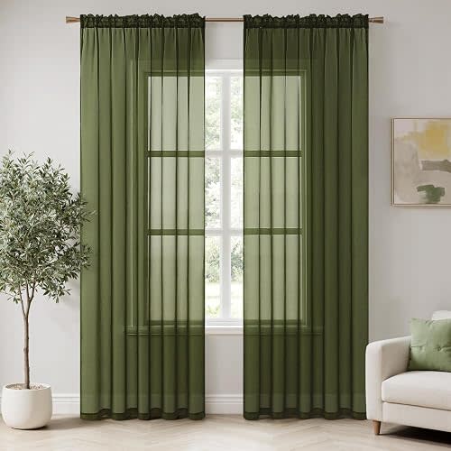 MIULEE Olive Green Sheer Curtains 54 X 84 Inches, 2 Panels