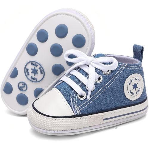 KKIIDDSS Unisex Baby Girls Boys Canvas High-top Shoes, Newborn Infant Anti-Slip Soft Sole Frist Walking Breathable Sneakers2 (A01/Little Blue Rubber Sole,6-12 Months)