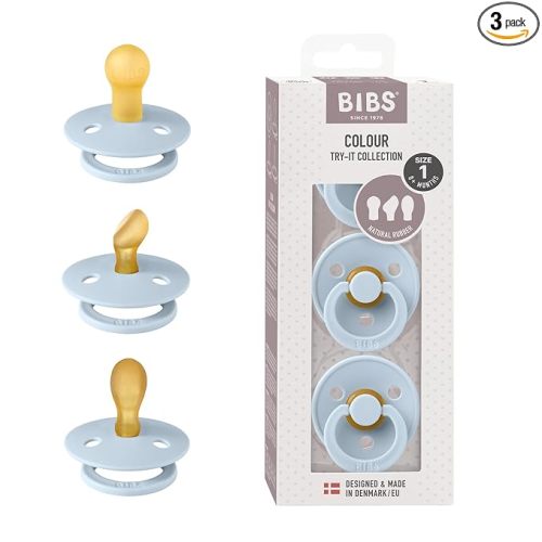BIBS Pacifiers 0-6 Months | 3-Pack Soothers | BPA-Free Symmetrical Nipple | Made in Denmark | Ivory Try-It Collection (Baby Blue)