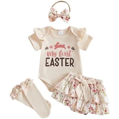Baby Girl Easter Outfit Rabbit Short Sleeve Romper Layered Ruffle Skirt Bow Socks Newborn Baby Girl Summer Clothes