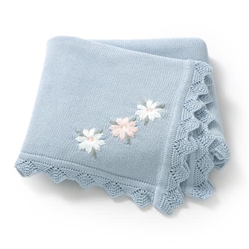 LAWKUL 100% Traceable Cotton Baby Blanket for Girls Boys, 40x30 Inch, Blue | Knit, Floral Embroidered, Soft Crochet, Newborn Neutral, Crib Receiving, Nursery Swaddling, Infant Toddler Unisex