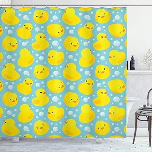 Ambesonne Cartoon Shower Curtain, Happy Rubber Duck and Bubbles Pattern Theme Art, Cloth Fabric Bathroom Decor Set with Hooks, 69" W x 75" L, Yellow Aqua