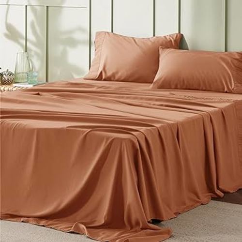 Bedsure California King Sheet Sets - Soft Sheets for California King Size Bed, 4 Pieces Hotel Luxury Burnt Orange Sheets Cal King, Easy Care Polyester Microfiber Cooling Bed Sheet Set