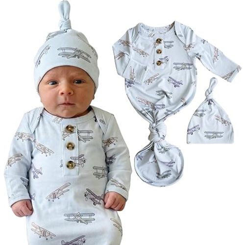 Caden Lane Newborn Knotted Gown with Hat, Soft Bamboo Viscose Baby Sack, Unisex Infant Breathable Night gown