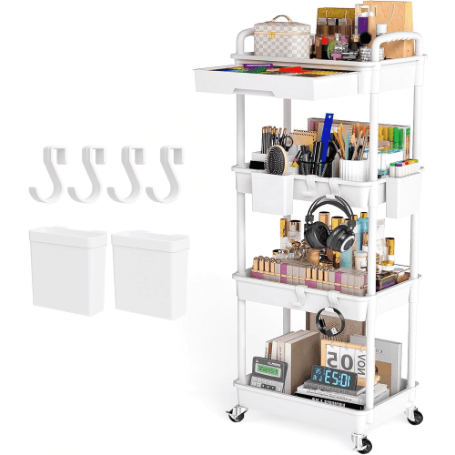 LLMRR 4 Tier Rolling Utility Cart with Drawer, Cart with Drawer & Handle, Bathroom Cart Organizer, Rolling Storage Cart with Drawer, Rolling Cart with Lockable Wheels for Kitchen, Office, White