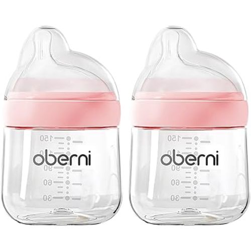 Oberni Baby Bottles with Slow Off-Centered Nipple for 0+ Months, Anti Colic Newborn Milk Feeding Bottle, 150ml/5oz/Pink/2Pack