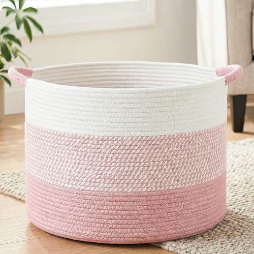 Artfeel 40L Large Cotton Rope Basket, Decorative Woven Blanket Storage for Living Room, Boho Toy Storage & Toy Box for Kids, Versatile Laundry Basket & Nursery Hamper for Blankets(Pink)