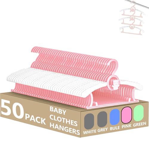 Baby Clothes Hangers 50 Pack, Plastic Kids Hangers Space Saving for Closet | Pink Hanger for Toddler Girl, Lightweight Anti-Slip Cascading Adjustable Children Infant Hangers, Ganchos para Ropa de Bebe