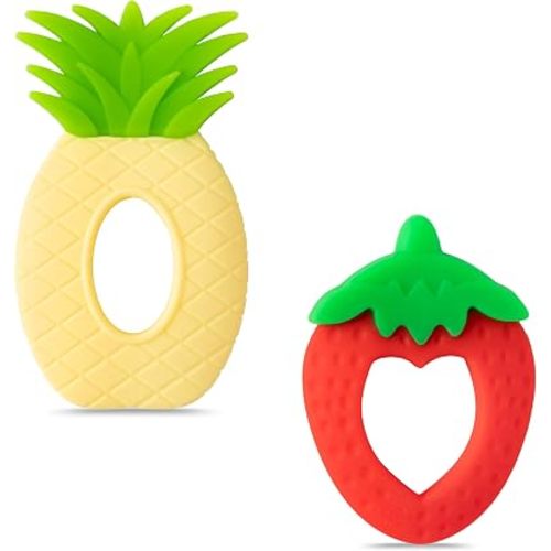 Silicone Teething Toy for Babies - 2Pcs Strawberry Grape Soft Sore Gums Pain Teether Infant Summer Fruit Themed Food Grade Teething Relief Chew Toy for Toddler Birthday Newborn 6-12 Months Baby Shower