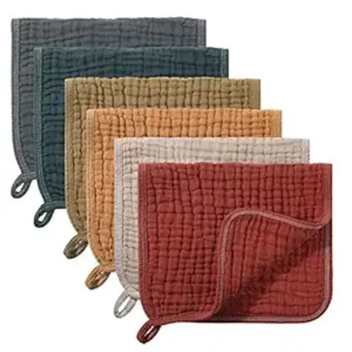 Hicarer 6 Pieces Large 20 x 10 Inch Muslin Burp Cloths Multi-Colors Muslin Washcloths Baby Burping Cloth Diapers 6 Absorbent Layers Muslin Face Towels for Baby (Dark Color Series)