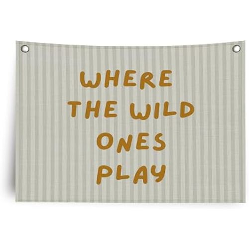 Kids Playroom Banner Canvas Wall Hanging, Where the Wild Ones Play Retro Striped Wall Art Decor Hanging Banner Flag for Kids Toddler Room Bedroom Nursery Playroom, 20x30 Inch