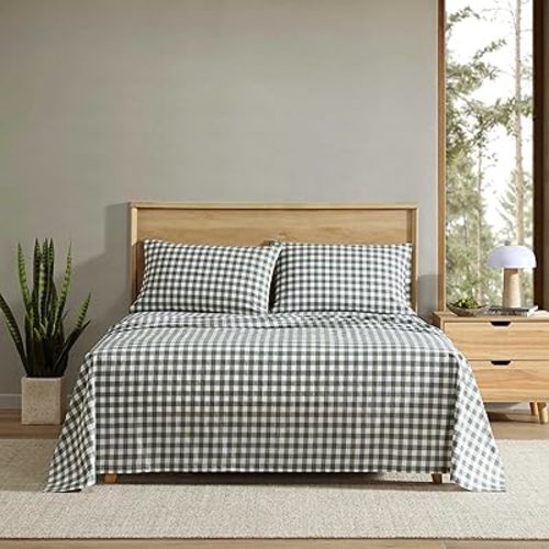 Eddie Bauer - Full Sheet Set, Crisp & Cooling Sheets w/a Naturally Smooth Cotton Percale Lightweight Feel - Matching Pillowcases & Deep Pocket Fitted Sheet (Preston Check Green)