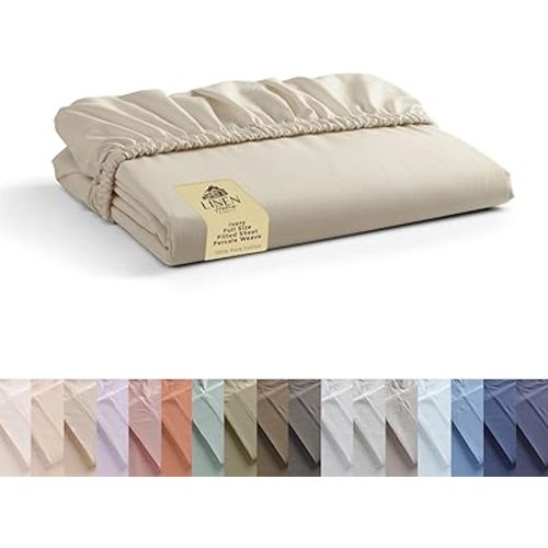 Linen Home 100% Cotton Percale Weave Fitted Sheet Full Size, Ivory, Deep Pocket Fits 16" Mattress, Crisp & Cool, Breathable for Hot Sleepers, Elastic All Around, 54"x75"+15"
