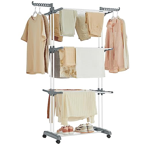 SONGMICS Clothes Drying Rack Stand 4-Tier, Foldable Laundry Drying Rack 68.1-Inch Tall, Steel, Rolling Clothes Horses Dryer Rack, Easy to Assemble, Indoor Outdoor Use, White ULLR701W01