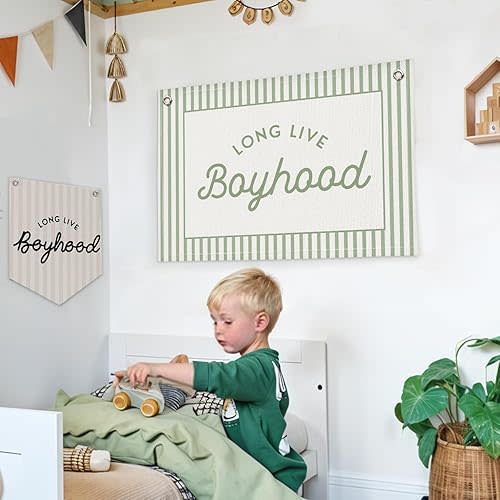Lacama Green Long Live Boyhood Boys Room Decor, Boy Nursery Decor, Linen Banner Wall Hanging Canvas Banner Flag Decor for Toddler Boy Room Nursery 30x21 Inch