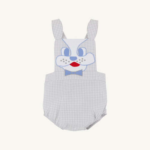 Sayre Sunsuit - Grantley Gray Mini Gingham with Dog Applique