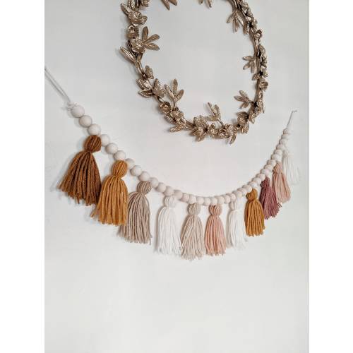 Warm earth tone yarn tassel garland with wood beads / Sun is One First Trip Around the Sun high chair cake smash banner / Boho sunshine