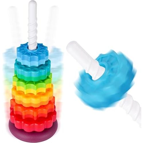 Spinning Stacking Toy for Kids, Rainbow Tower Dual-Color Spinning Wheels Premium Strong BPA-Free ABS Plastic Early Education Fun Learning and Engaging Brain Development Toys (Large 6th Floor)